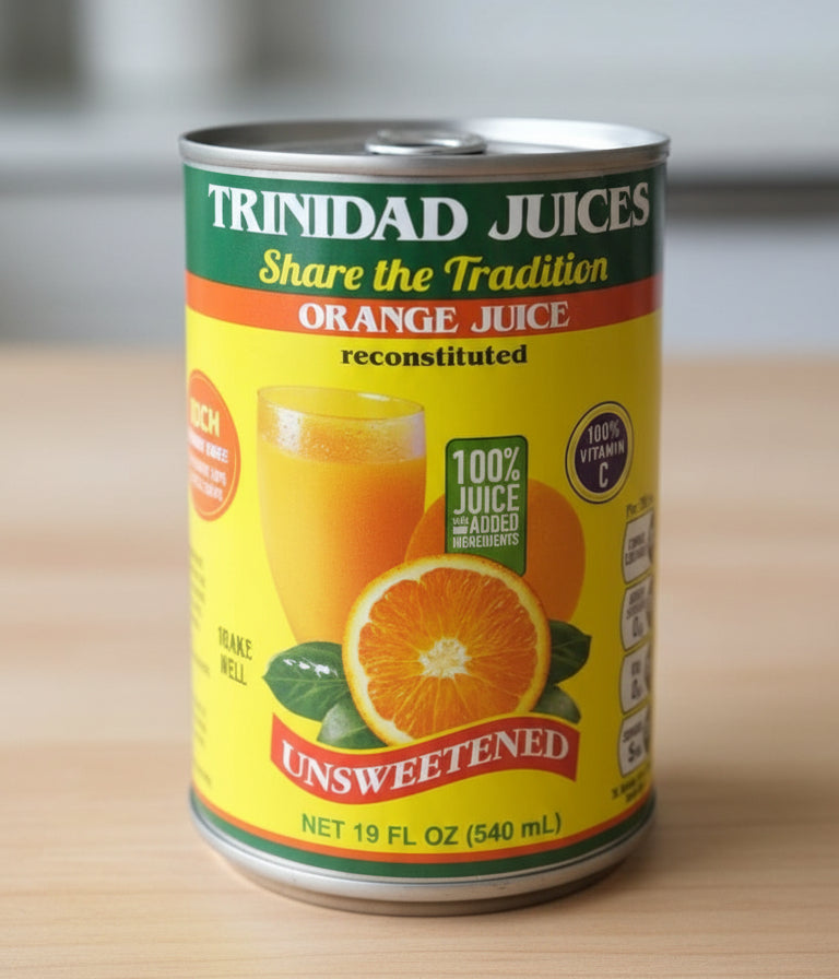 Can of Trinidad Juices orange juice on a shelf with other products.