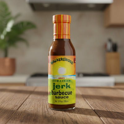 Bottle of Walkerswood Spicy Jamaican Jerk Barbecue Sauce on a white background
