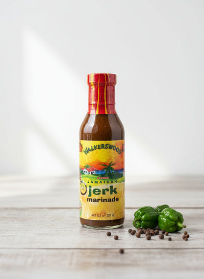 Bottle of Walkerswood Jamaican O'Jerk marinade with colorful label