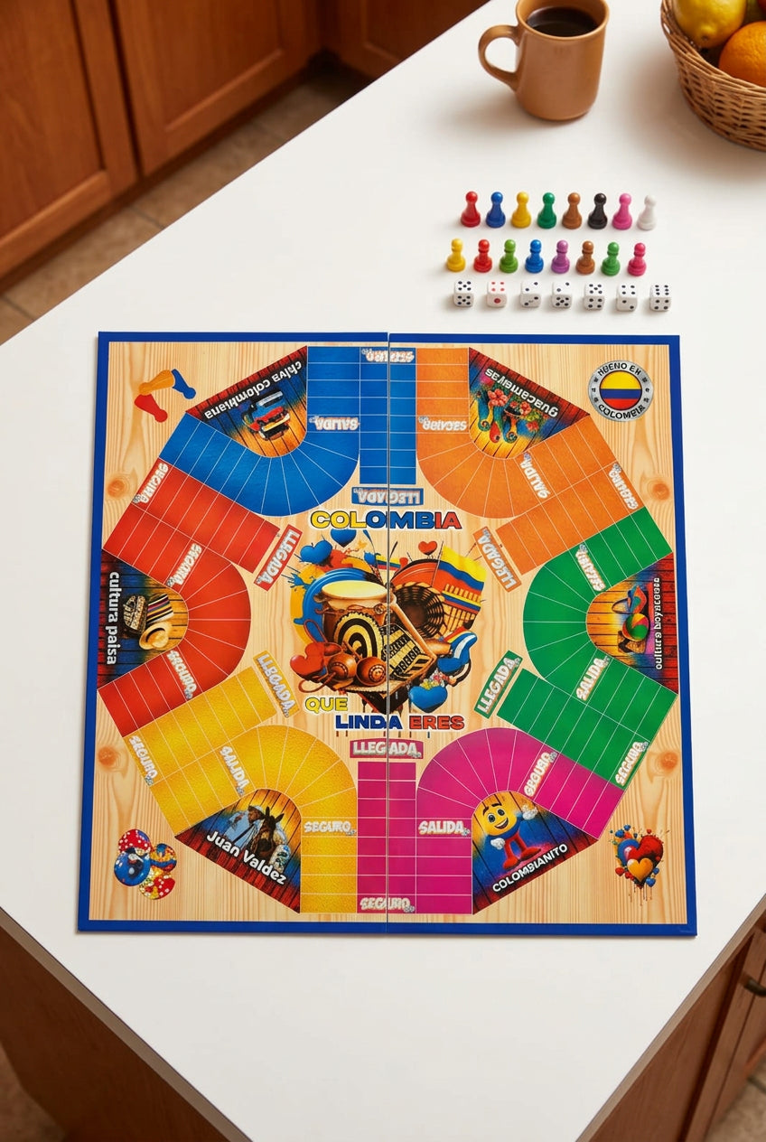 A colorful board game titled 'Juele Linda Eres' set in Colombia, featuring a wooden-textured board with vibrant segments in blue, orange, green, yellow, pink, and red, surrounded by illustrated tokens and game pieces.