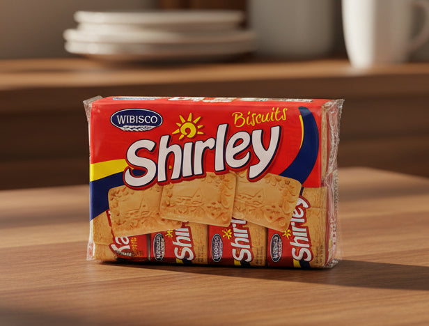 Packaging of Wibisco Shirley biscuits with a red background
