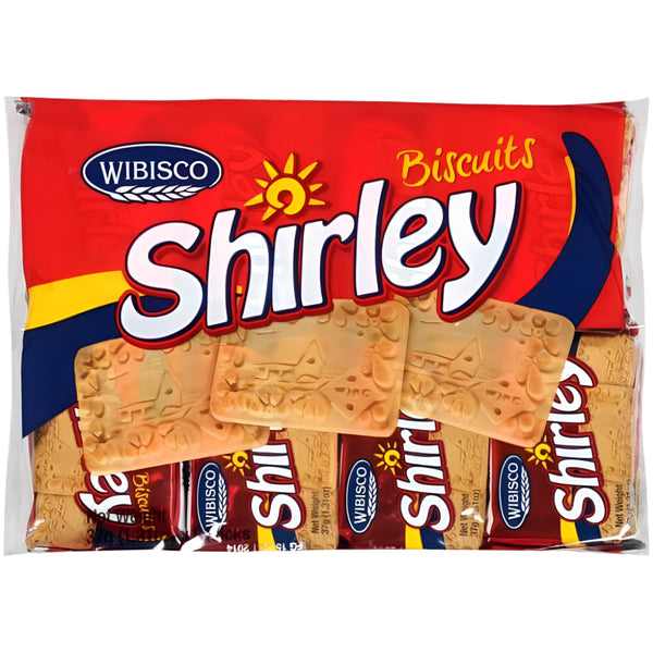 Packaging of Wibisco Shirley biscuits with a red background