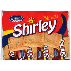 Packaging of Wibisco Shirley biscuits with a red background