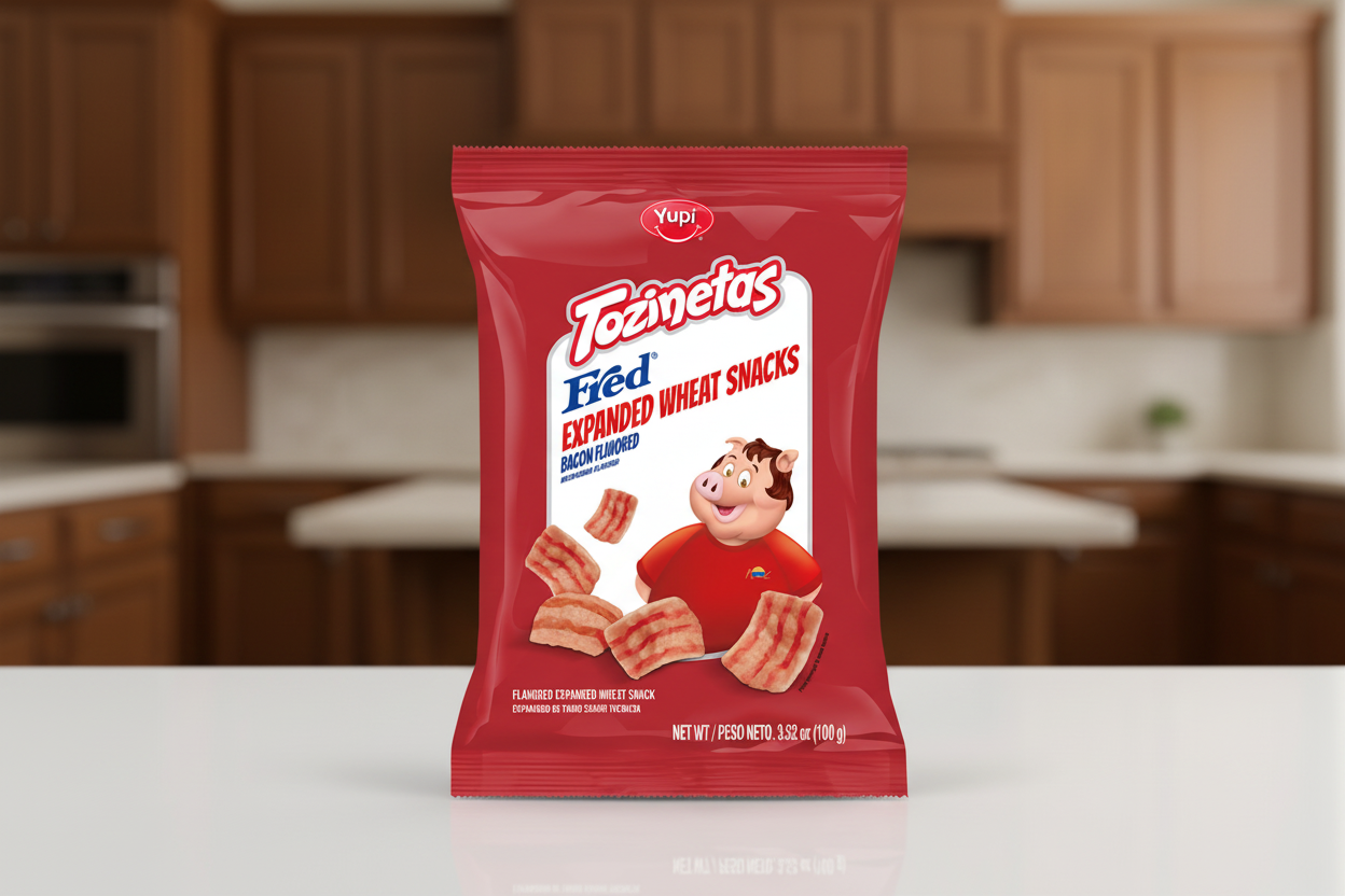 Red package of Tozinetas Fred expanded wheat snacks with a cartoon character on a white background