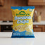 Packaged banana chips with cheese flavor on a dark background