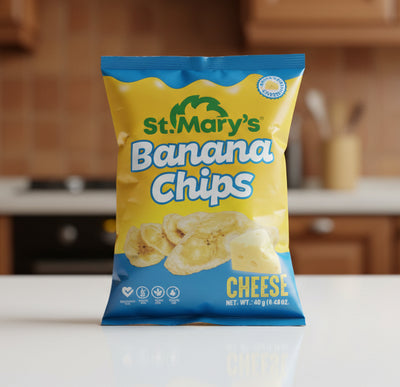 Packaged banana chips with cheese flavor on a dark background