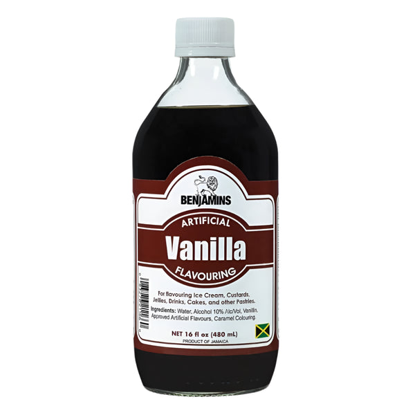 Bottle of Benjamins artificial vanilla flavouring on a white background