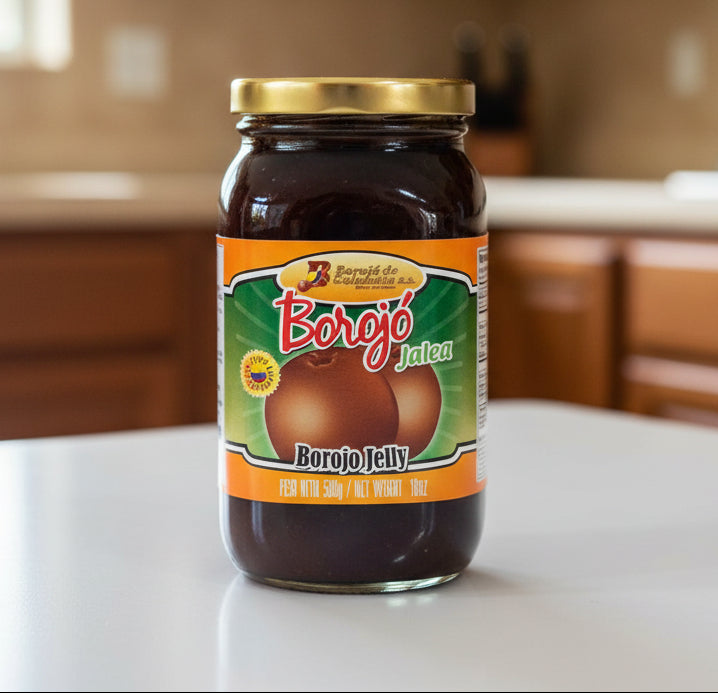 Jar of Borojo Jelly with a gold lid on a white background