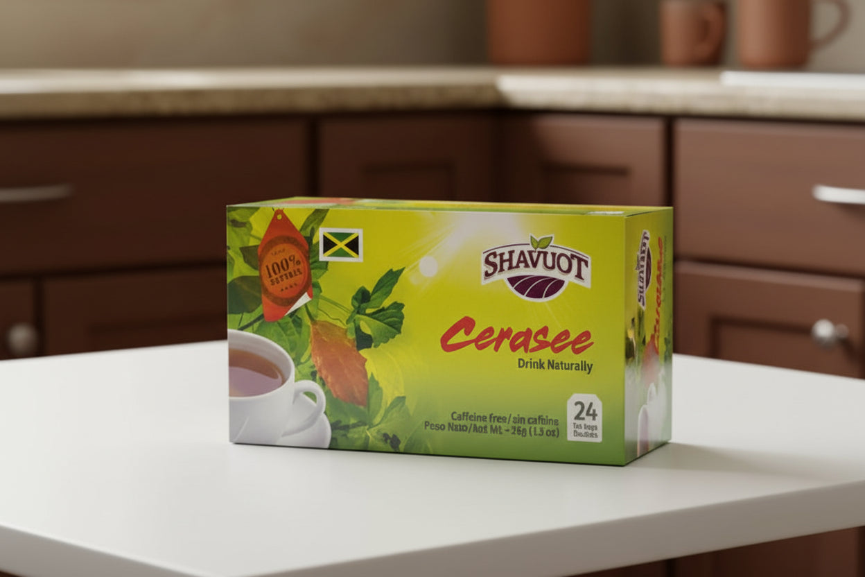 Shavuot Cerasee tea box with a cup of tea and tea leaves on a green background