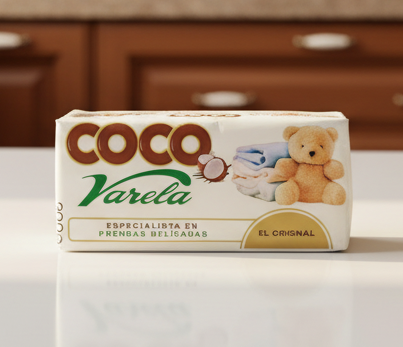 Coco Varela laundry detergent packaging with a teddy bear and baby clothes illustration on a white background.