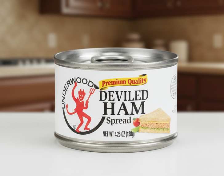 Can of Underwood Deviled Ham Spread with label and illustration on a white background