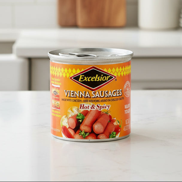 Can of Excelsior Vienna Sausages Hot & Spicy on a white background
