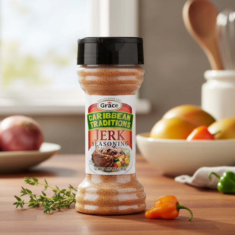 Bottle of Grace Caribbean Traditions Jerk Seasoning on a white background
