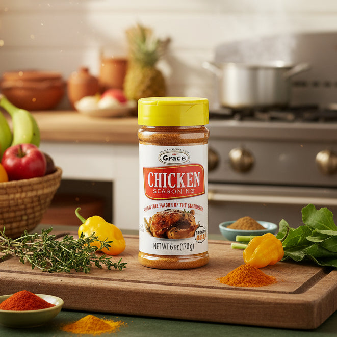 Jar of Grace Chicken Seasoning on a white background