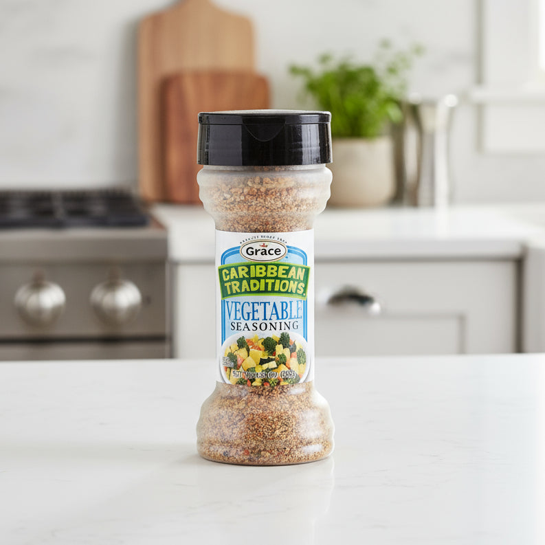 Spice jar labeled 'Grace Caribbean Traditions Vegetable Seasoning' on a white background