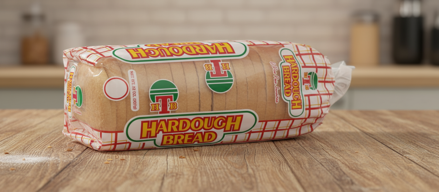 A loaf of white hard dough bread with a red and white checkered pattern and the branding 'HTB' and 'Hardough Bread' on the wrapping.