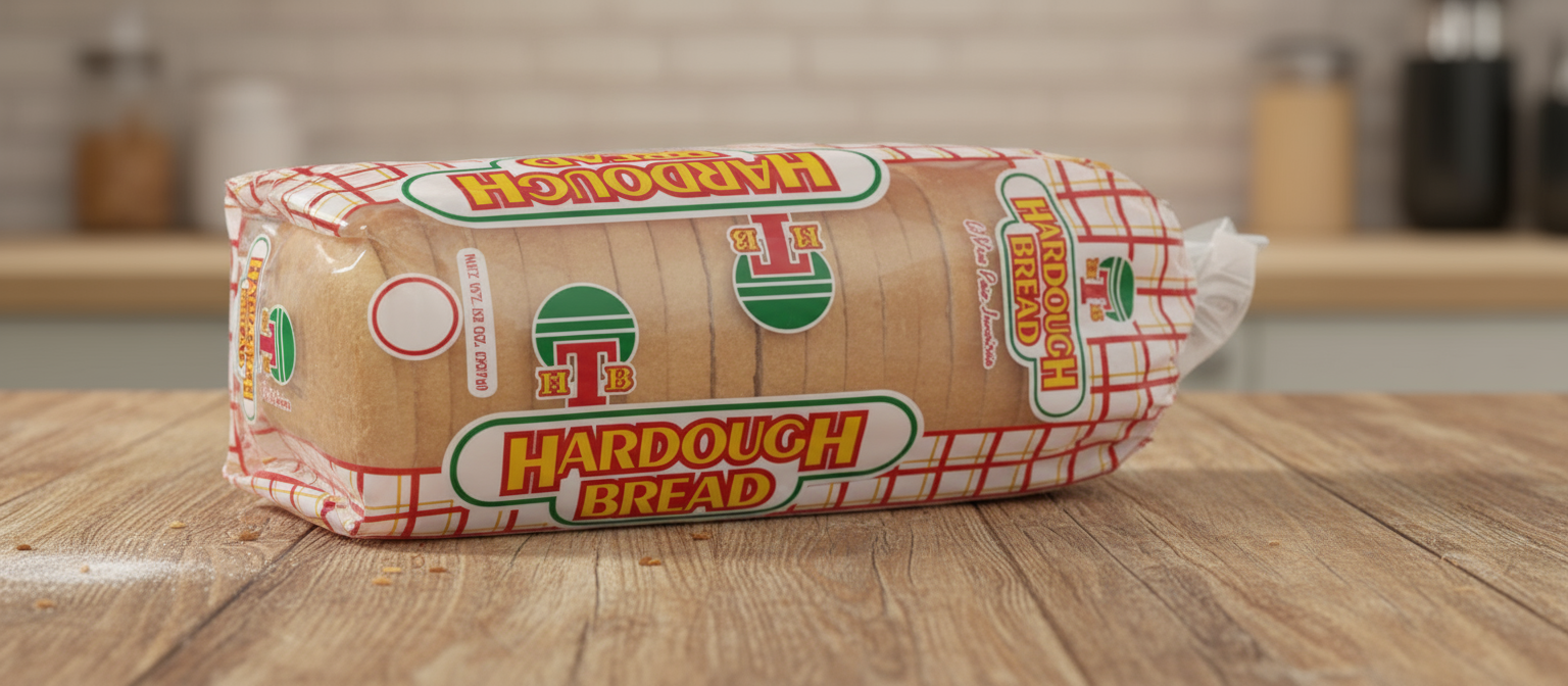 A loaf of white hard dough bread with a red and white checkered pattern and the branding 'HTB' and 'Hardough Bread' on the wrapping.