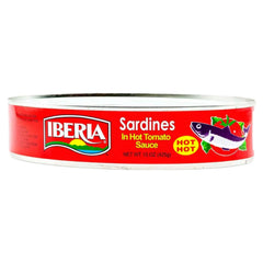 Can of Iberia Sardines in Hot Tomato Sauce on a white background