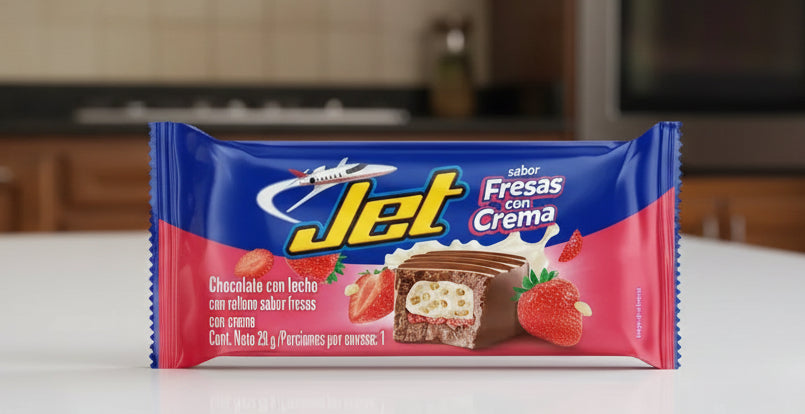 Jet Fresas con Crema chocolate bar packaging with strawberries and cream filling on a white background