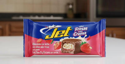 Jet Fresas con Crema chocolate bar packaging with strawberries and cream filling on a white background
