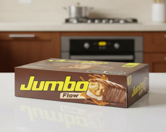 Box of Jumbo Flow chocolate bars on a white background