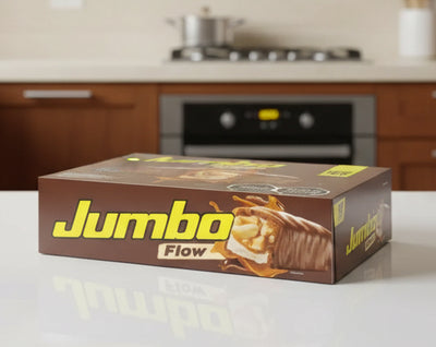 Box of Jumbo Flow chocolate bars on a white background