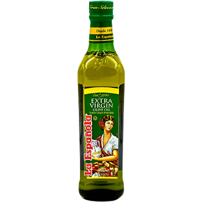 Bottle of La Espanola Extra Virgin Olive Oil on a white background