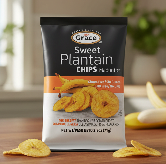 Bag of Grace Sweet Plantain Chips on a white background