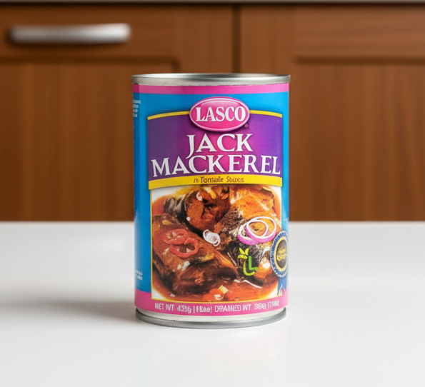 Can of Lasco Jack Mackerel in Tomato Sauce on a white background