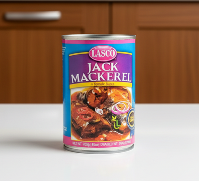 Can of Lasco Jack Mackerel in Tomato Sauce on a white background