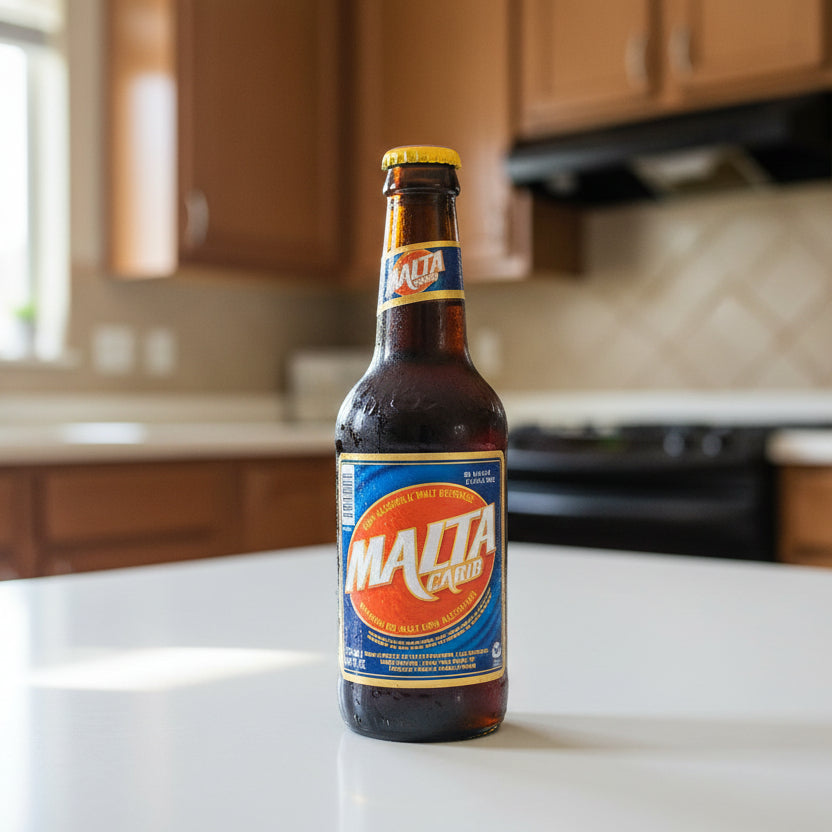 A 350 ml bottle of Malta Carbon non-alcoholic malt beverage, featuring a dark brown glass bottle with condensation, a yellow cap, and a blue and orange label.
