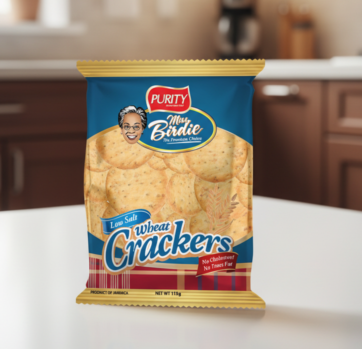 Packaging of Purity Miss Birdie Low Salt Wheat Crackers on a white background