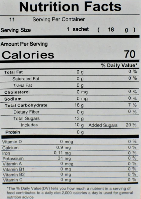 Nutrition facts label for a product with serving size, calories, and nutritional content.