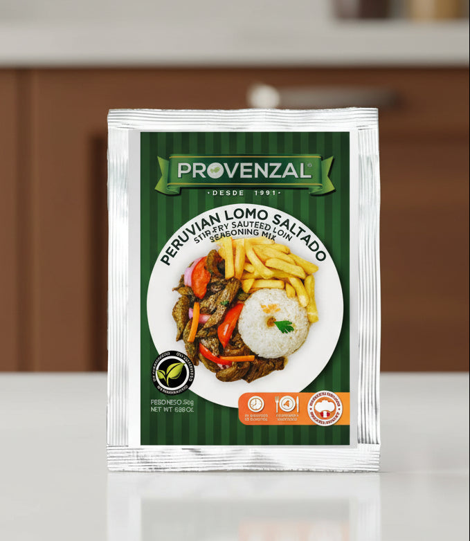 Provenzal Peruvian Lomo Saltado seasoning mix packaging on a white background