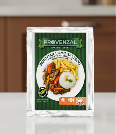 Provenzal Peruvian Lomo Saltado seasoning mix packaging on a white background