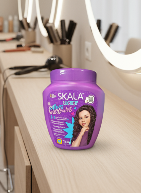 Purple jar of Skala hair care product with a woman's face on the label