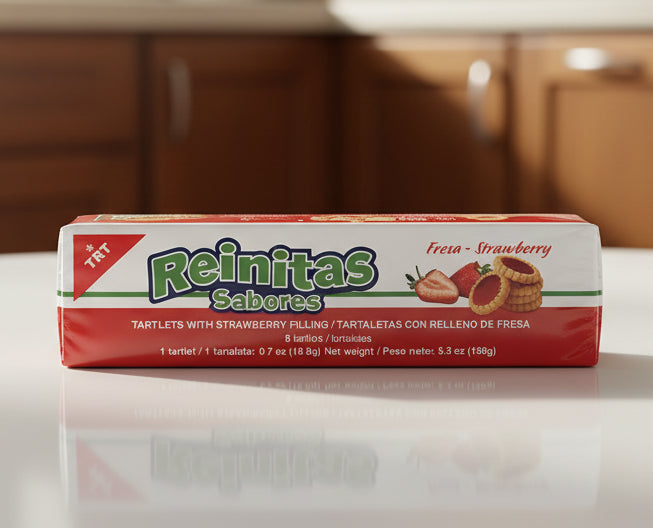 Packaging of Reinitas Sabores strawberry tartlets on a white background