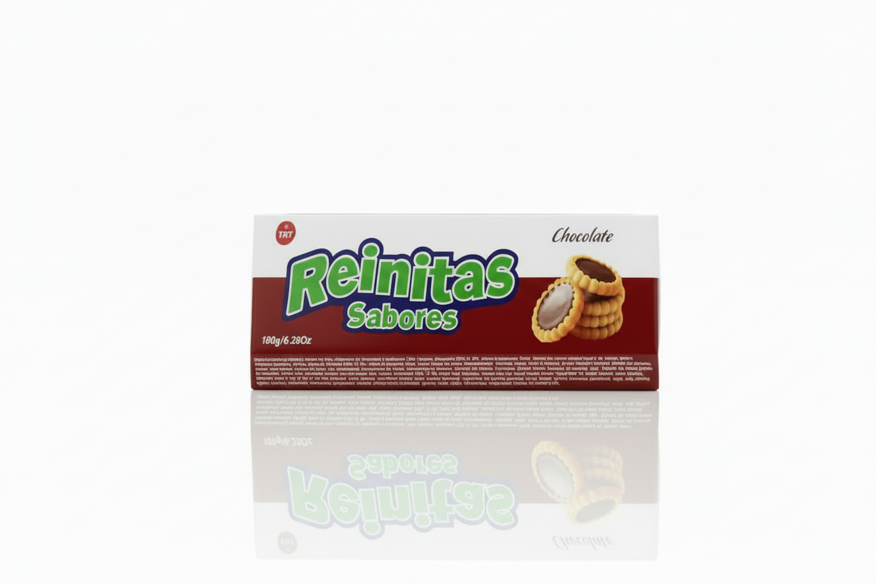 Two packages of Reinitas Sabores chocolate cookies on a white background