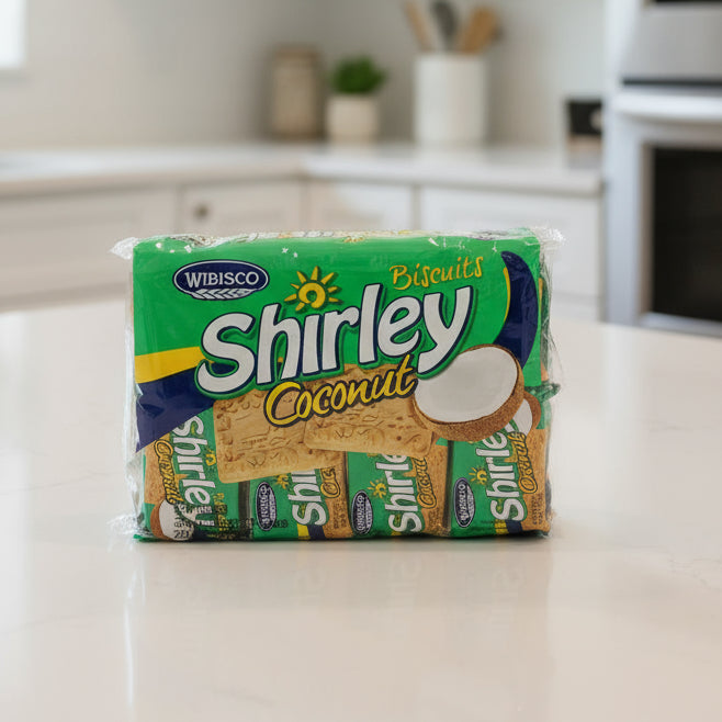 Packaging of Wibisco Shirley Coconut biscuits with green background