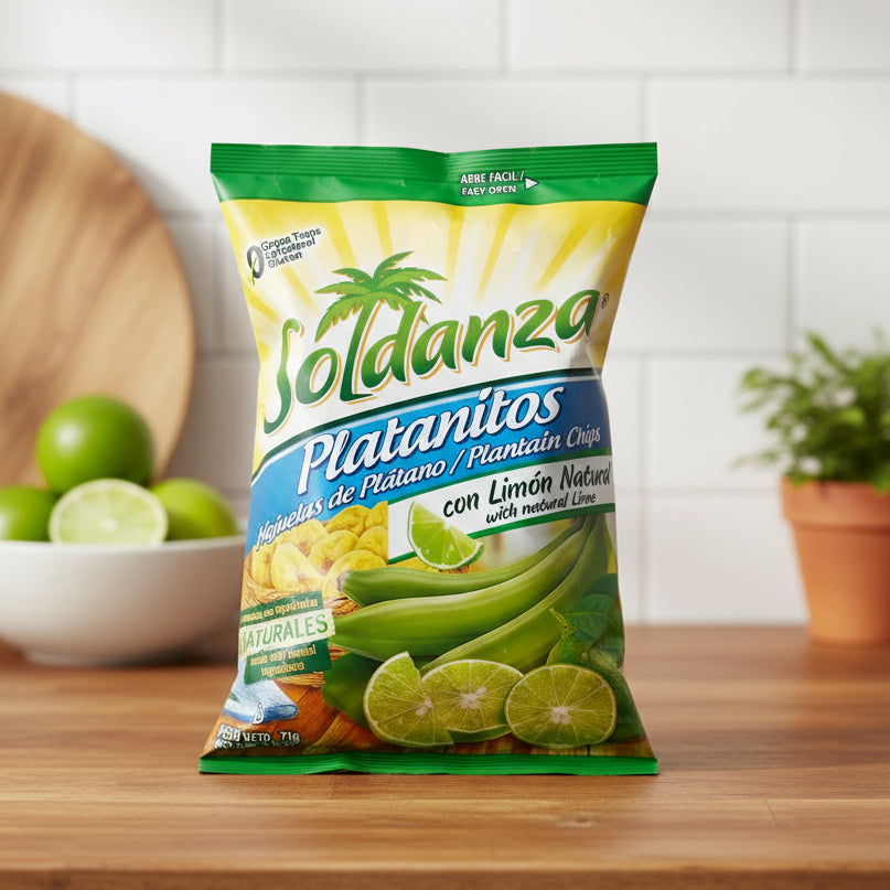 Bag of Soldanza Platanitos plantain chips with lime flavor on a white background