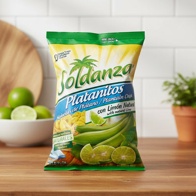Bag of Soldanza Platanitos plantain chips with lime flavor on a white background