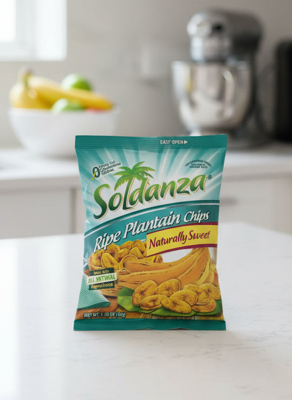 Bag of Soldanza Ripe Plantain Chips with branding and product details.