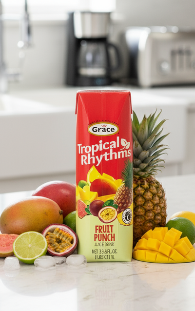 A packaged juice drink labeled 'Grace Tropical Rhythms' with a picture of a passion fruit, pineapple, and a strawberry on the front, indicating it is a fruit punch beverage.