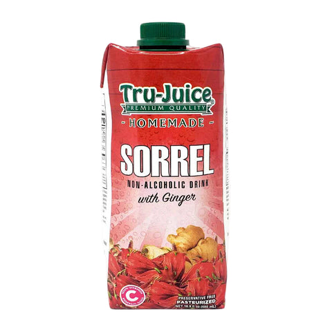 Red carton of Tru-Juice Homemade Sorrel Non-Alcoholic Drink with Ginger on a white background