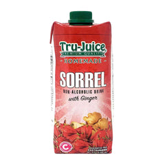 Red carton of Tru-Juice Homemade Sorrel Non-Alcoholic Drink with Ginger on a white background