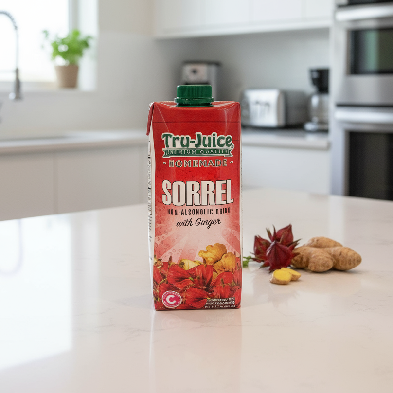 Red carton of Tru-Juice Homemade Sorrel Non-Alcoholic Drink with Ginger on a white background