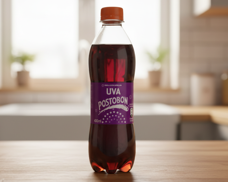 Bottle of Uva Postobon soda with a purple label on a white background