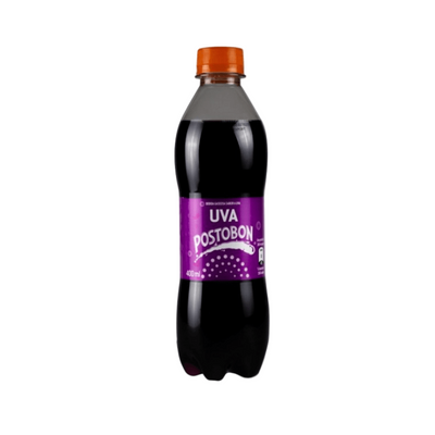Bottle of Uva Postobon soda with a purple label on a white background