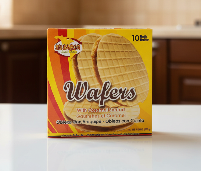 Box of wafers with caramel spread featuring 'Su Sabor' branding on a yellow background.