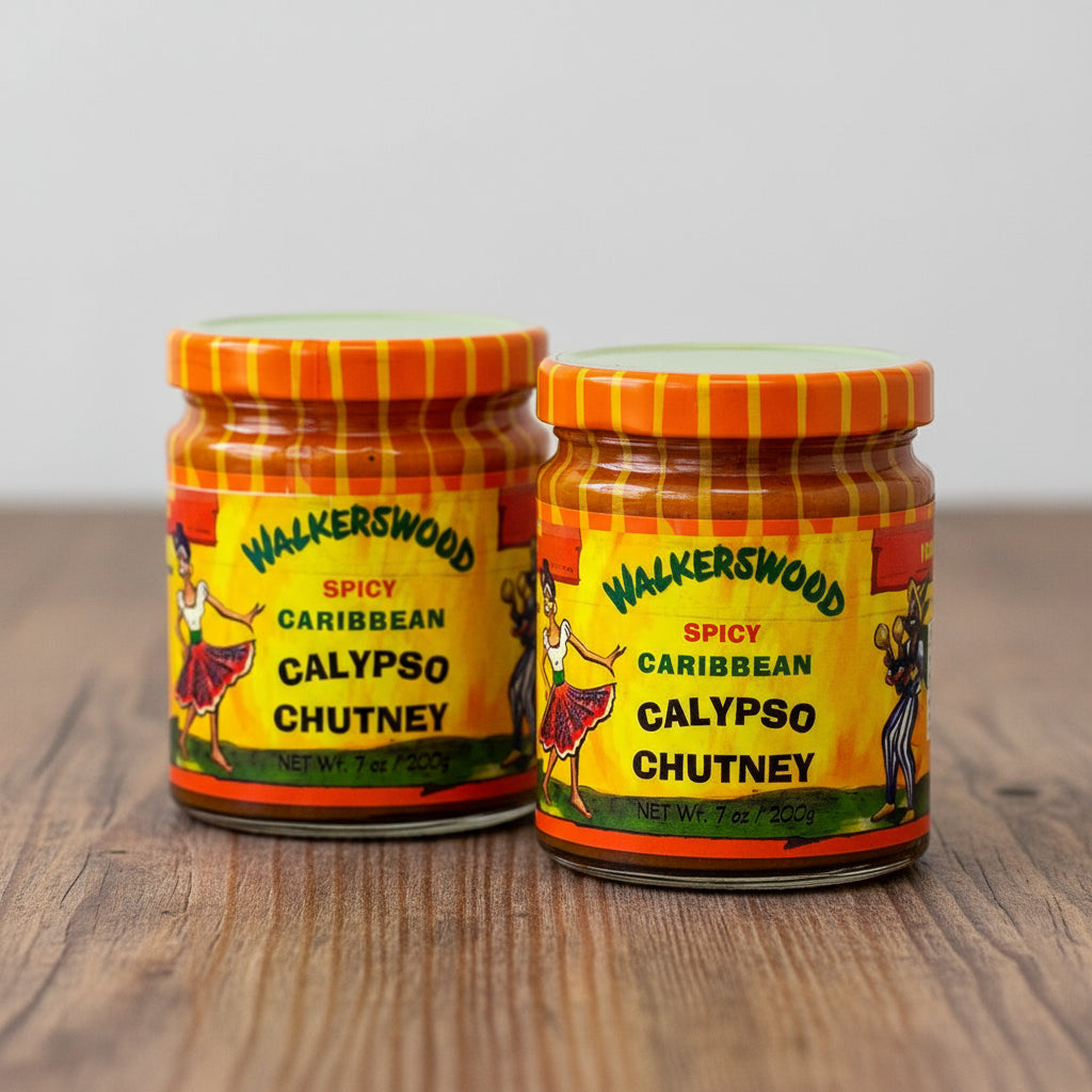 Two jars of Walkerswood Spicy Caribbean Calypso Chutney on a white background